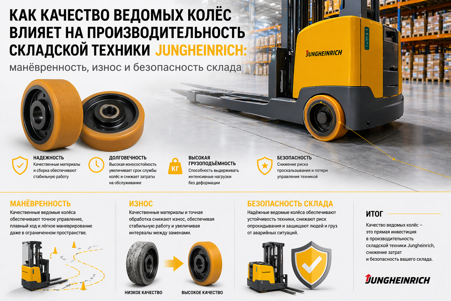 Как качество ведомых колёс влияет на производительность складской техники Jungheinrich: манёвренность, износ и безопасность склада
